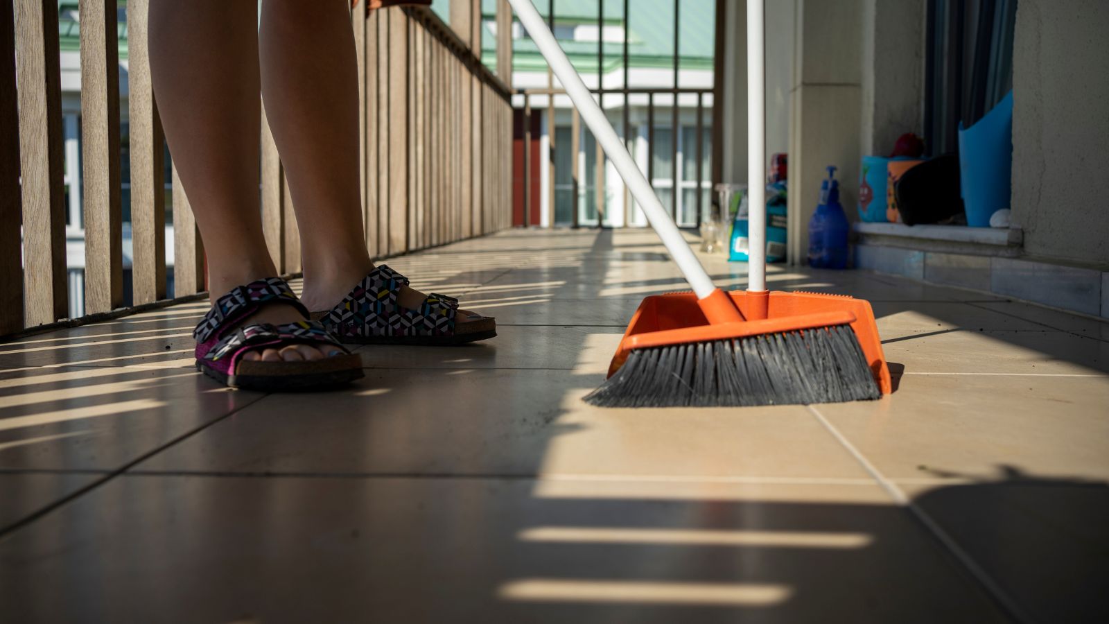 Naked cleaner balcony